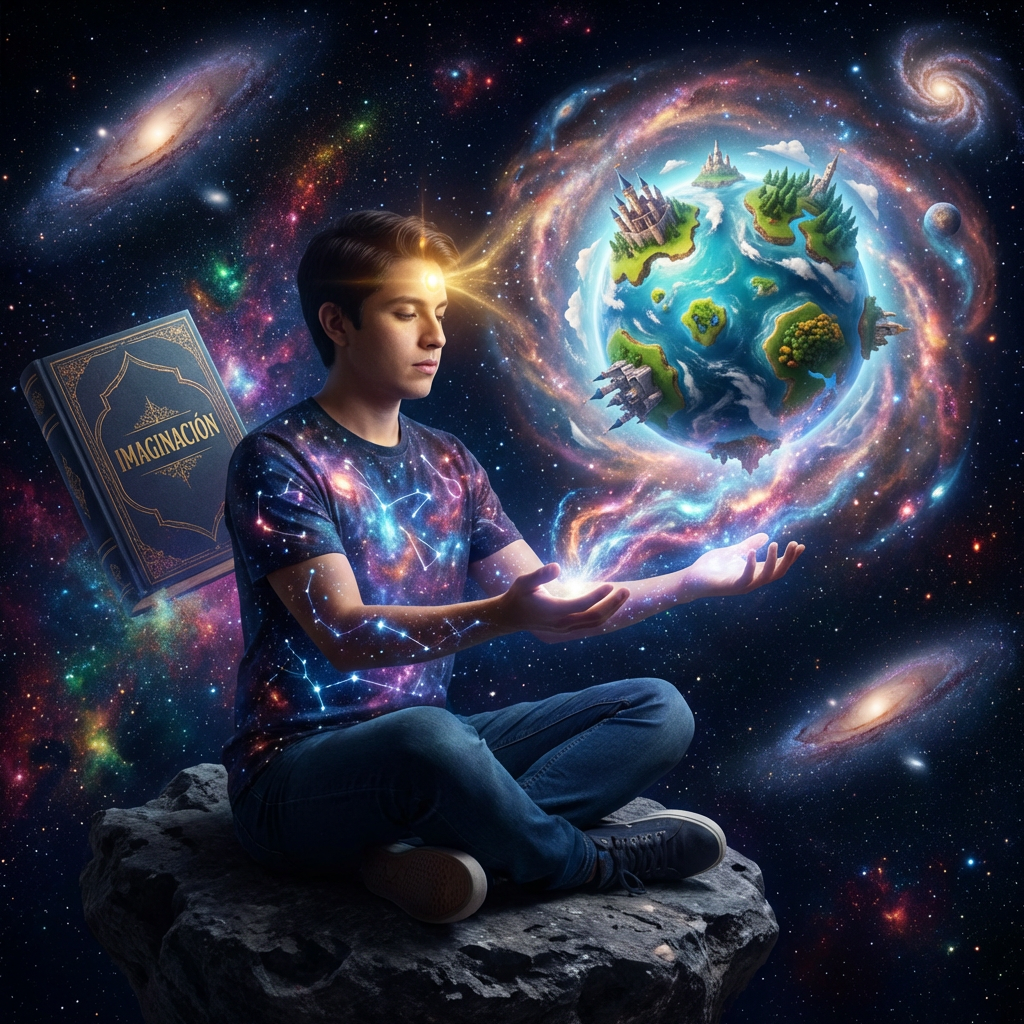 A boy meditates in space with a floating book titled IMAGINACIÓN and a miniature world.