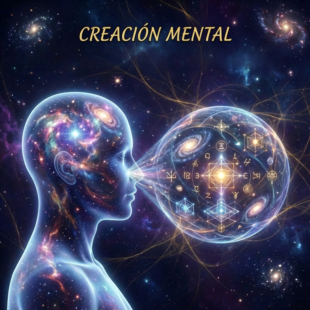 CREACIÓN MENTAL REALIDAD EN COSMOS MÍSTICO text above a figure projecting a mystical cosmic sphere.