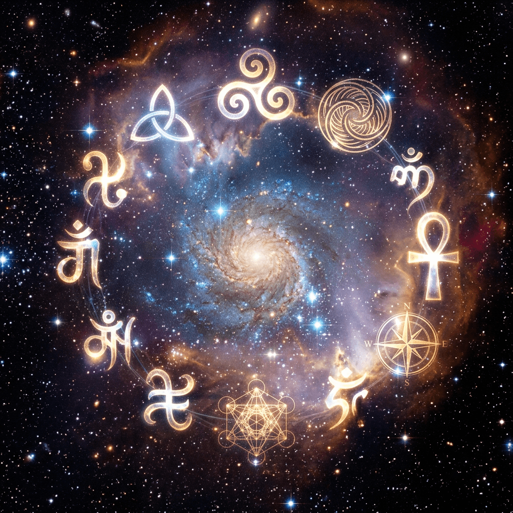 Glowing spiritual and mystical symbols forming a circle around a spiral galaxy core in space