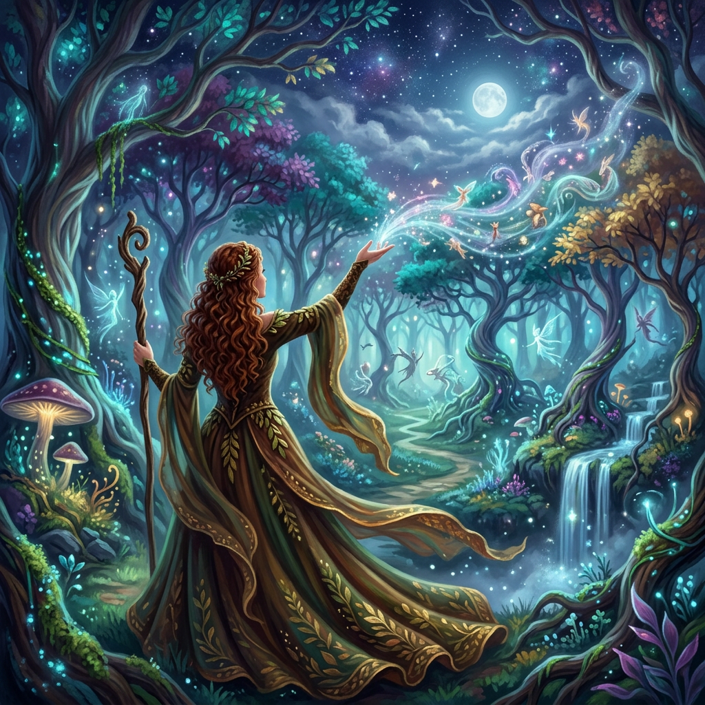 Sorceress in leaf-patterned gown casting magical glowing fairies in a moonlit enchanted forest