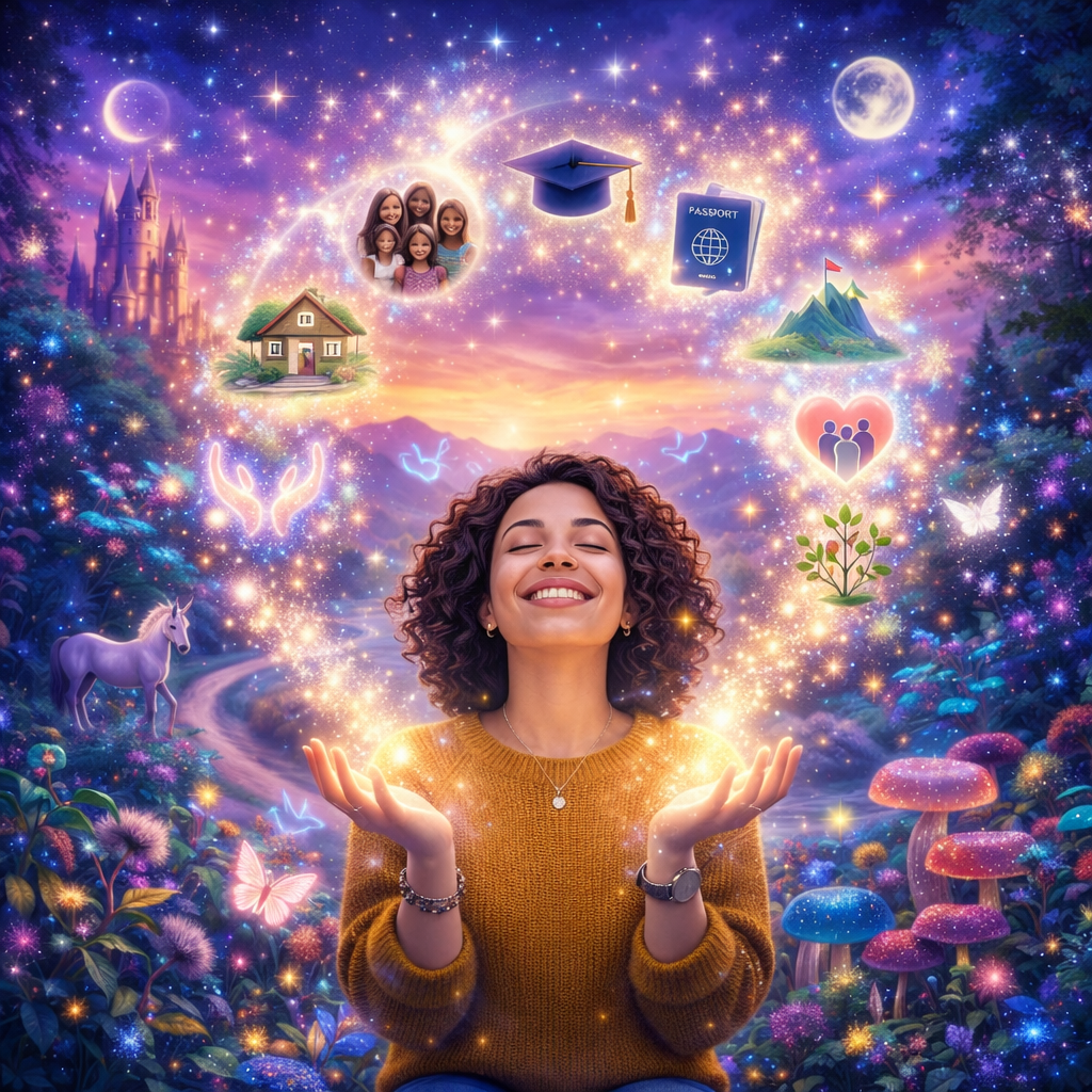 Smiling woman with glowing icons of family, home, education, passport, nature, and community around her