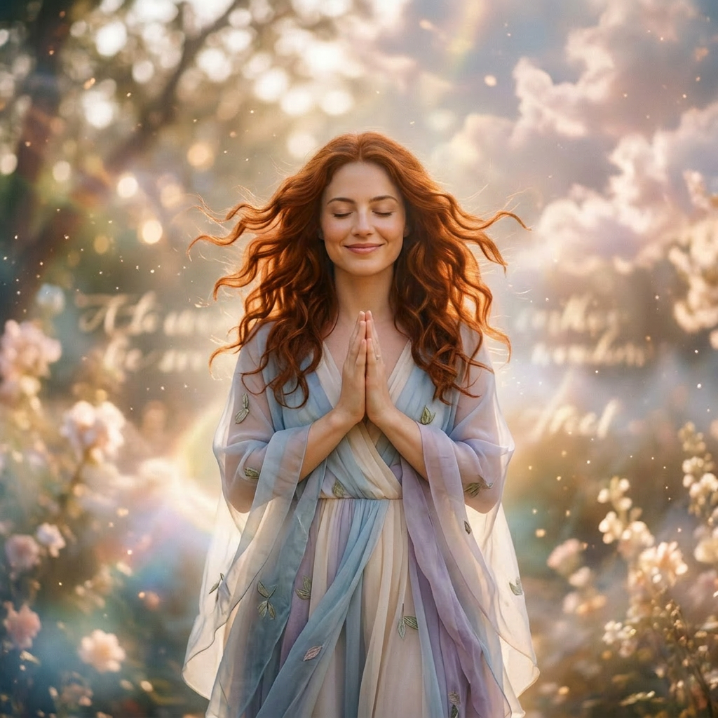 Woman with closed eyes and clasped hands meditating in a soft garden