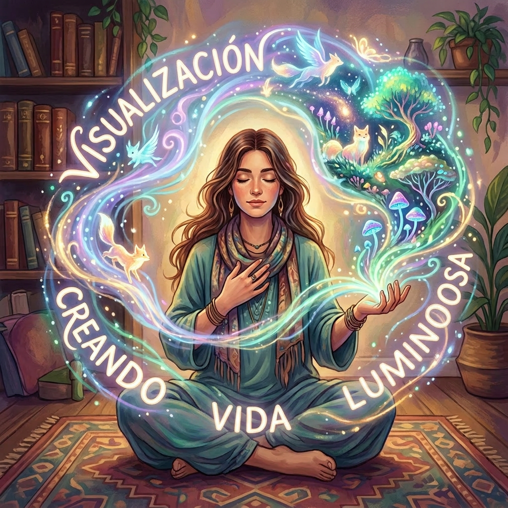 A woman meditating with magical glowing fantasy creatures and plants swirling around her.