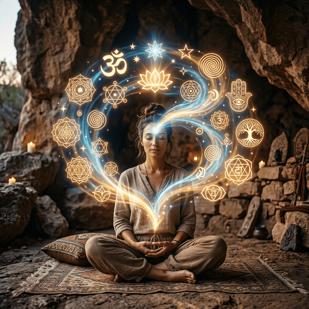 Woman meditating cross-legged with glowing spiritual symbols swirling around her head.