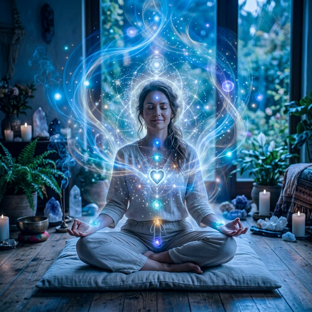 Woman sitting cross-legged meditating with glowing chakra energy symbols around her