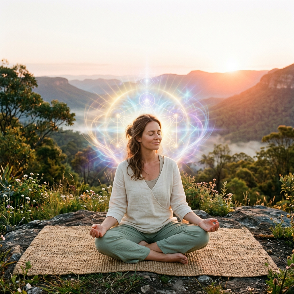 Woman sitting cross-legged meditating on mat outdoors with glowing geometric light shapes behind her