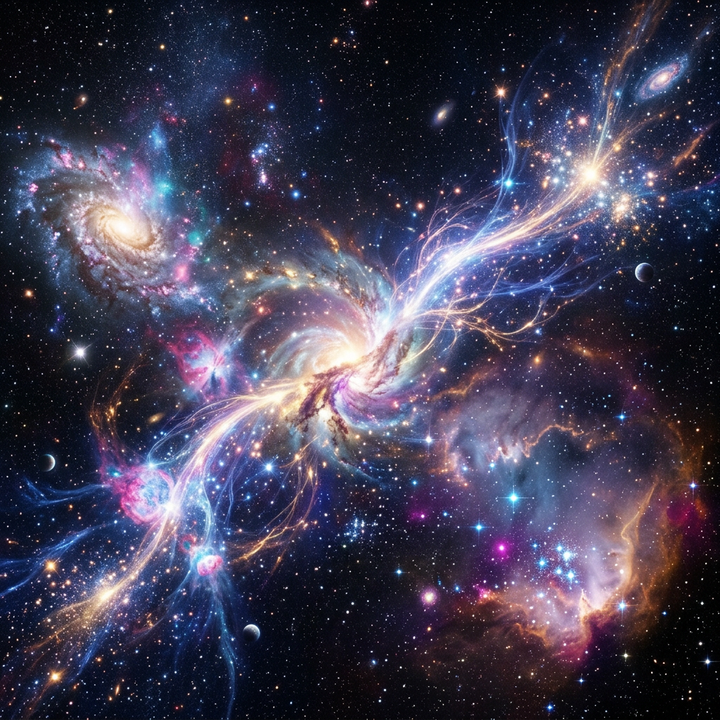 Two interacting galaxies connected by luminous, flowing streams of cosmic particles in space