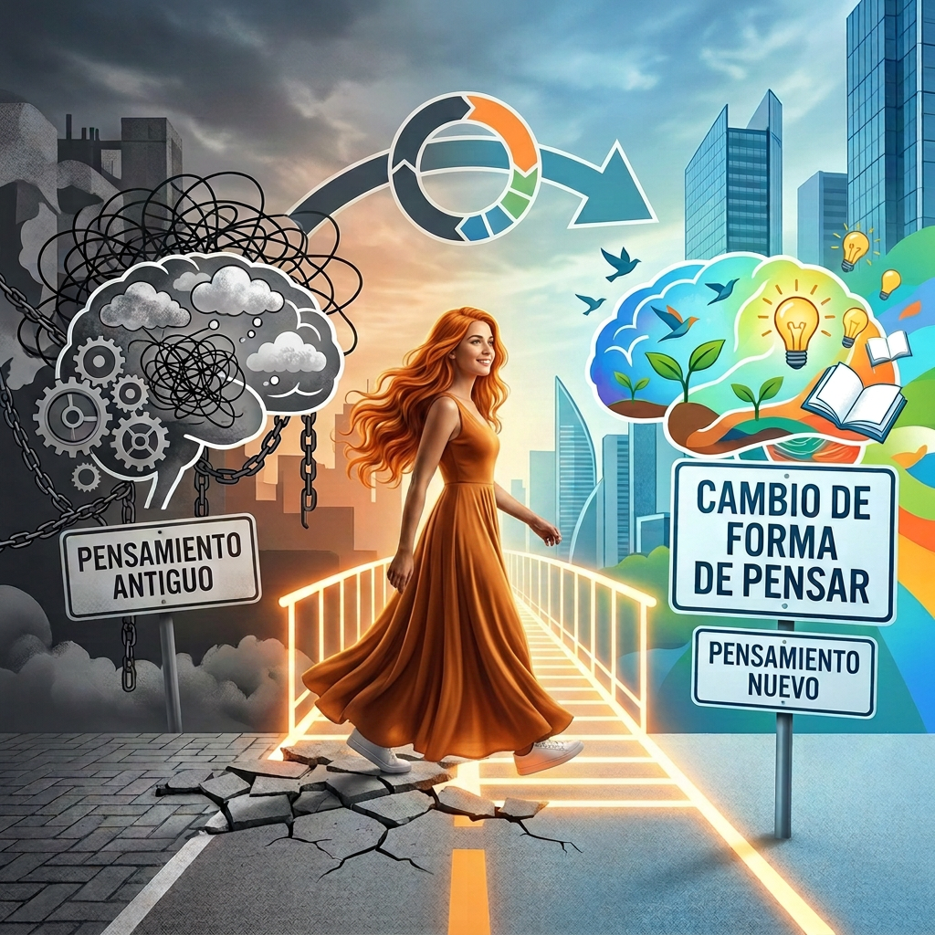 Woman crossing bridge from old thinking to new thinking