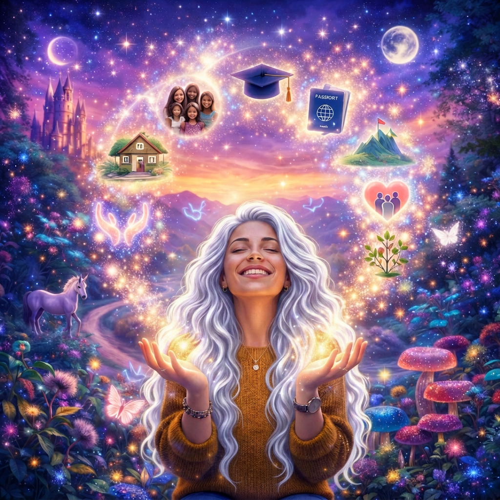 Smiling woman with glowing icons of family, home, education, passport, nature, and community around her