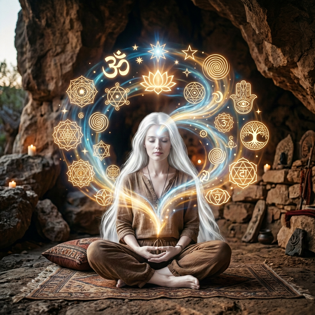 Woman meditating cross-legged with glowing spiritual symbols swirling around her head.