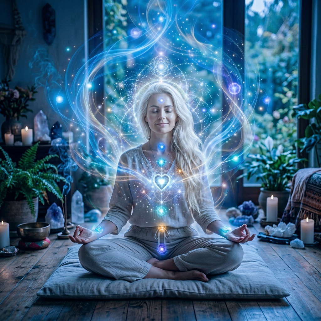 Woman sitting cross-legged meditating with glowing chakra energy symbols around her