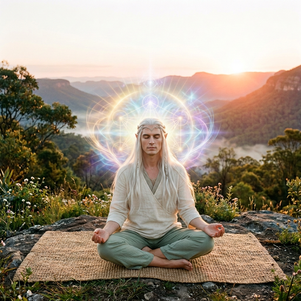 Woman sitting cross-legged meditating on mat outdoors with glowing geometric light shapes behind her