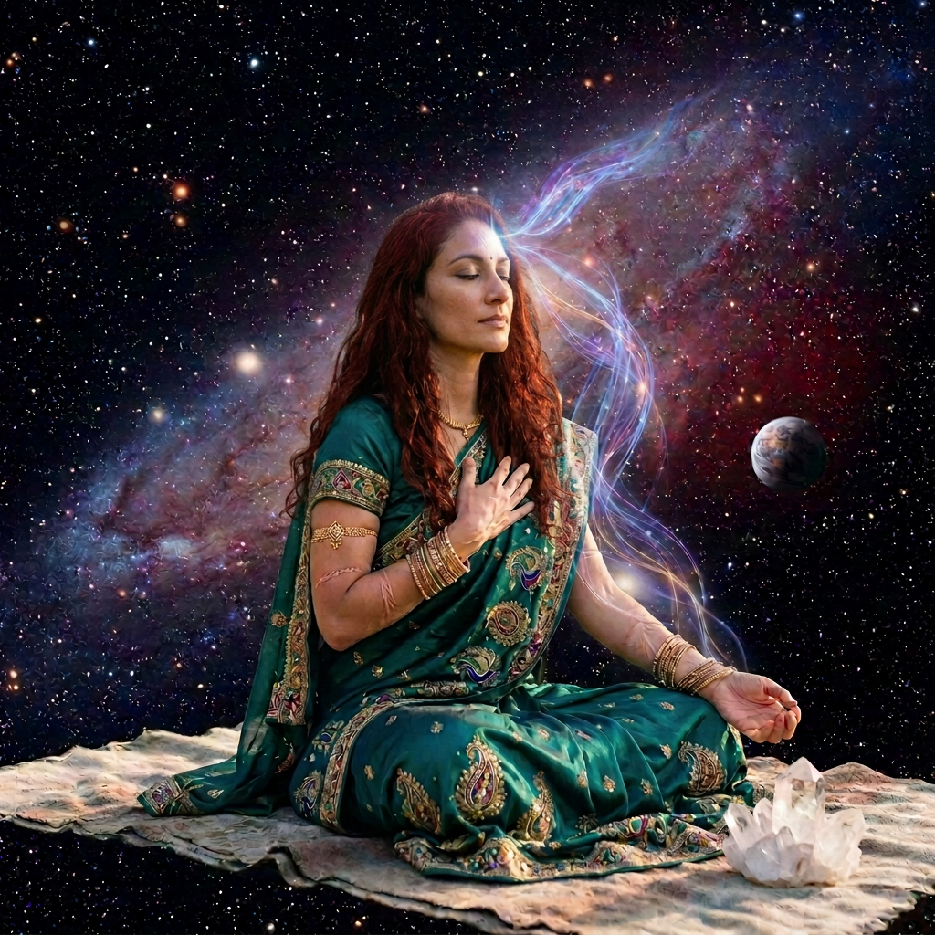 Woman meditating cross-legged in a park beside books on mental wellness