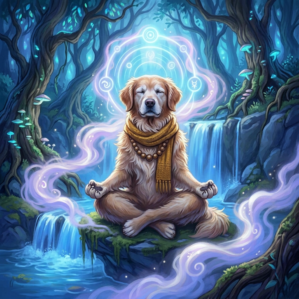 Meditating golden retriever beside waterfalls with text, “MEDITACIÓN Y RELAJACIÓN”