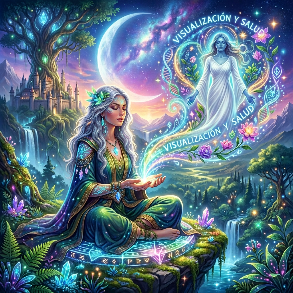Meditating woman beneath Spanish text “VISUALIZACIÓN Y SALUD” in a fantasy landscape