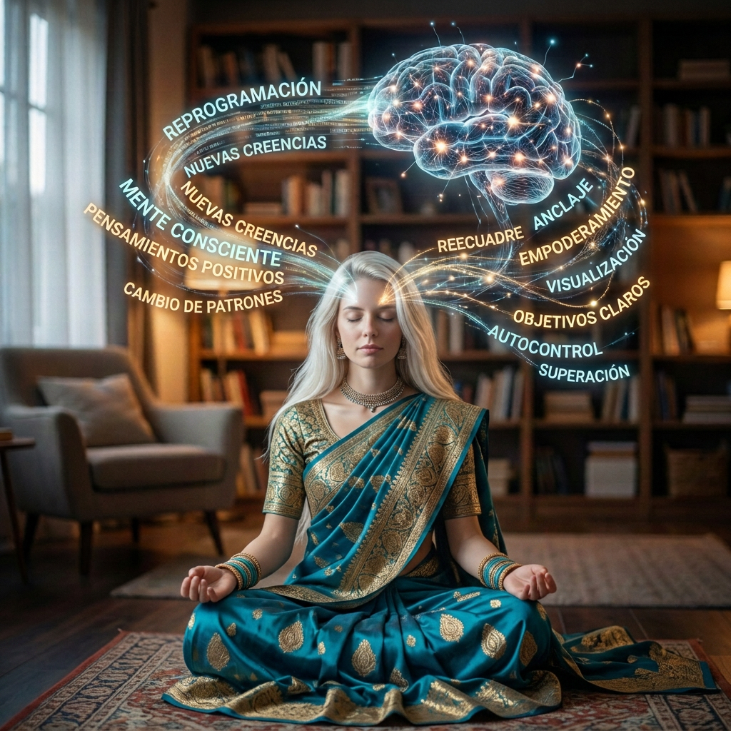 Mujer meditando con cerebro luminoso y texto: REPROGRAMACIÓN, NUEVAS CREENCIAS, PENSAMIENTOS POSITIVOS, CAMBIO DE PATRONES, ANCLAJE, EMPODERAMIENTO, VISUALIZACIÓN, OBJETIVOS CLAROS, AUTOCONTROL y SUPERACIÓN.