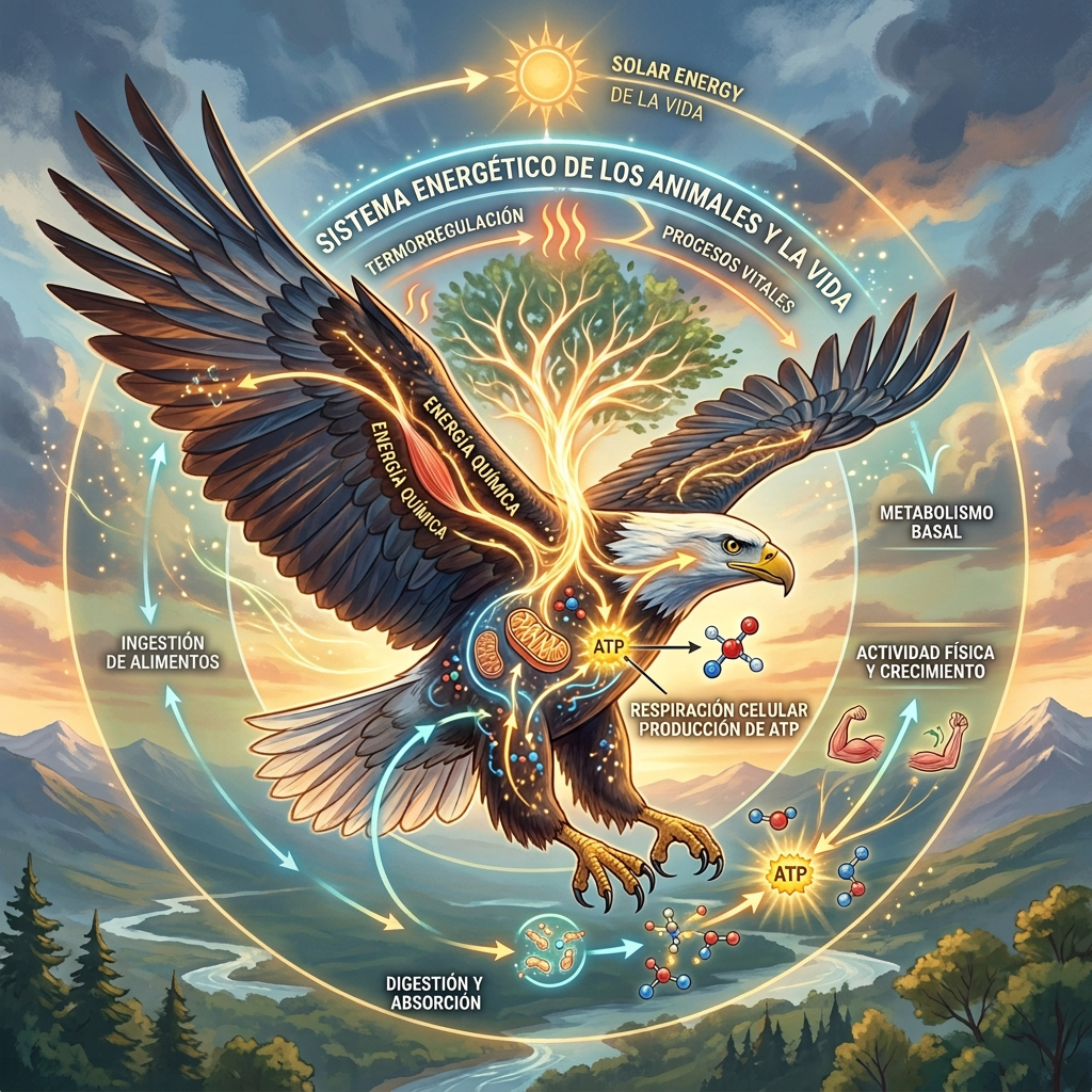 Diagram titled “SISTEMA ENERGÉTICO DE LOS ANIMALES Y LA VIDA,” showing a bald eagle, tree, sun labeled “SOLAR ENERGY BASE OF LA LIFE,” and arrows for “TERMORREGULACIÓN,” “PROCESOS VITALES,” “ENERGÍA QUÍMICA,” “INGESTIÓN DE ALIMENTOS,” “DIGESTIÓN Y ABSORCIÓN,” “RESPIRACIÓN CELULAR PRODUCCIÓN DE ATP,” “METABOLISMO BASAL,” and “ACTIVIDAD FÍSICA Y CRECIMIENTO.”