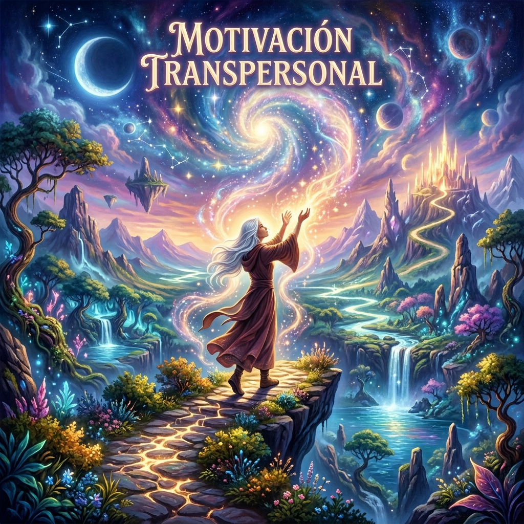 Motivación Transpersonal text above traveler on glowing path
