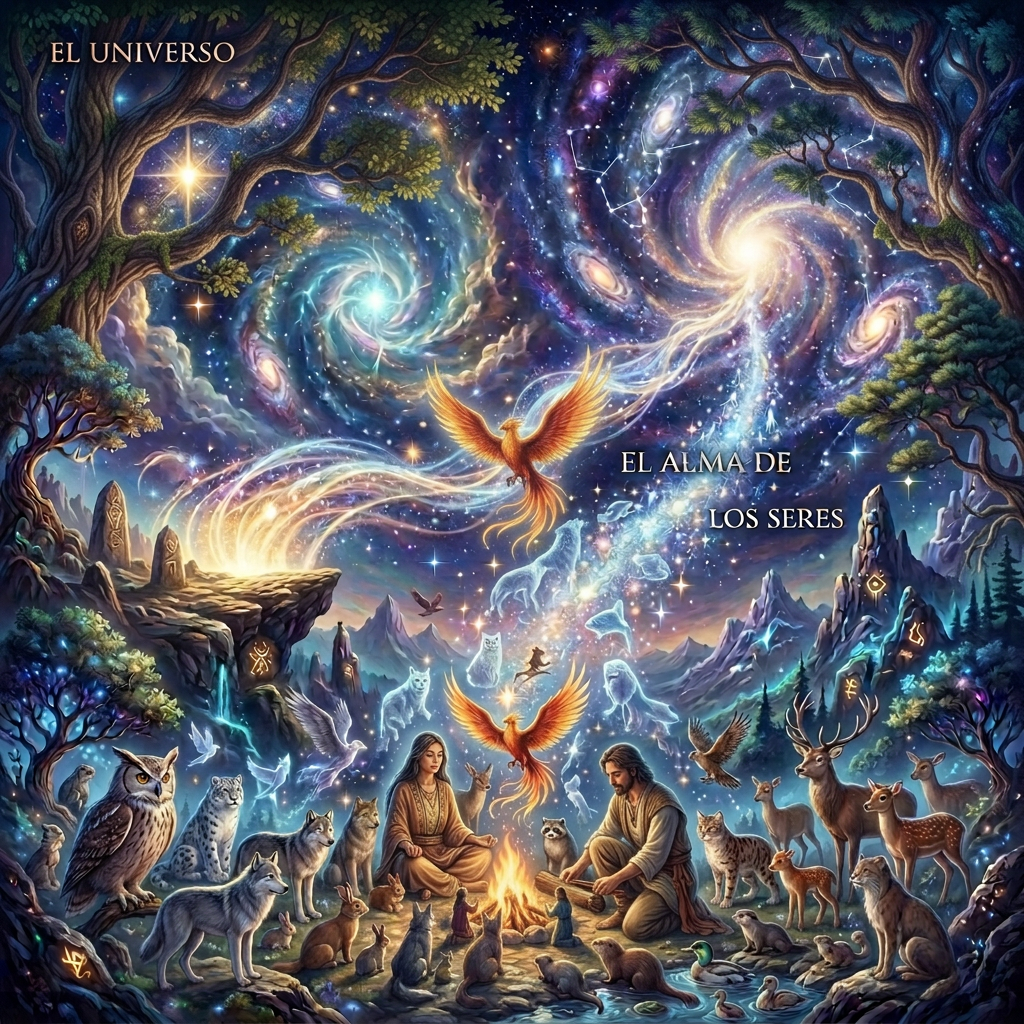 Fantastical beings beneath galaxies and ascending luminous souls; text reads “EL UNIVERSO” and “EL ALMA DE LOS SERES”