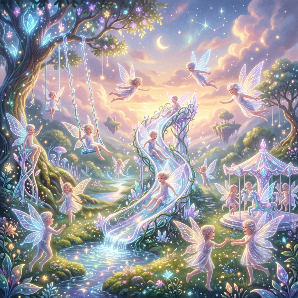 Fairies playing in a glowing garden beneath a crescent moon